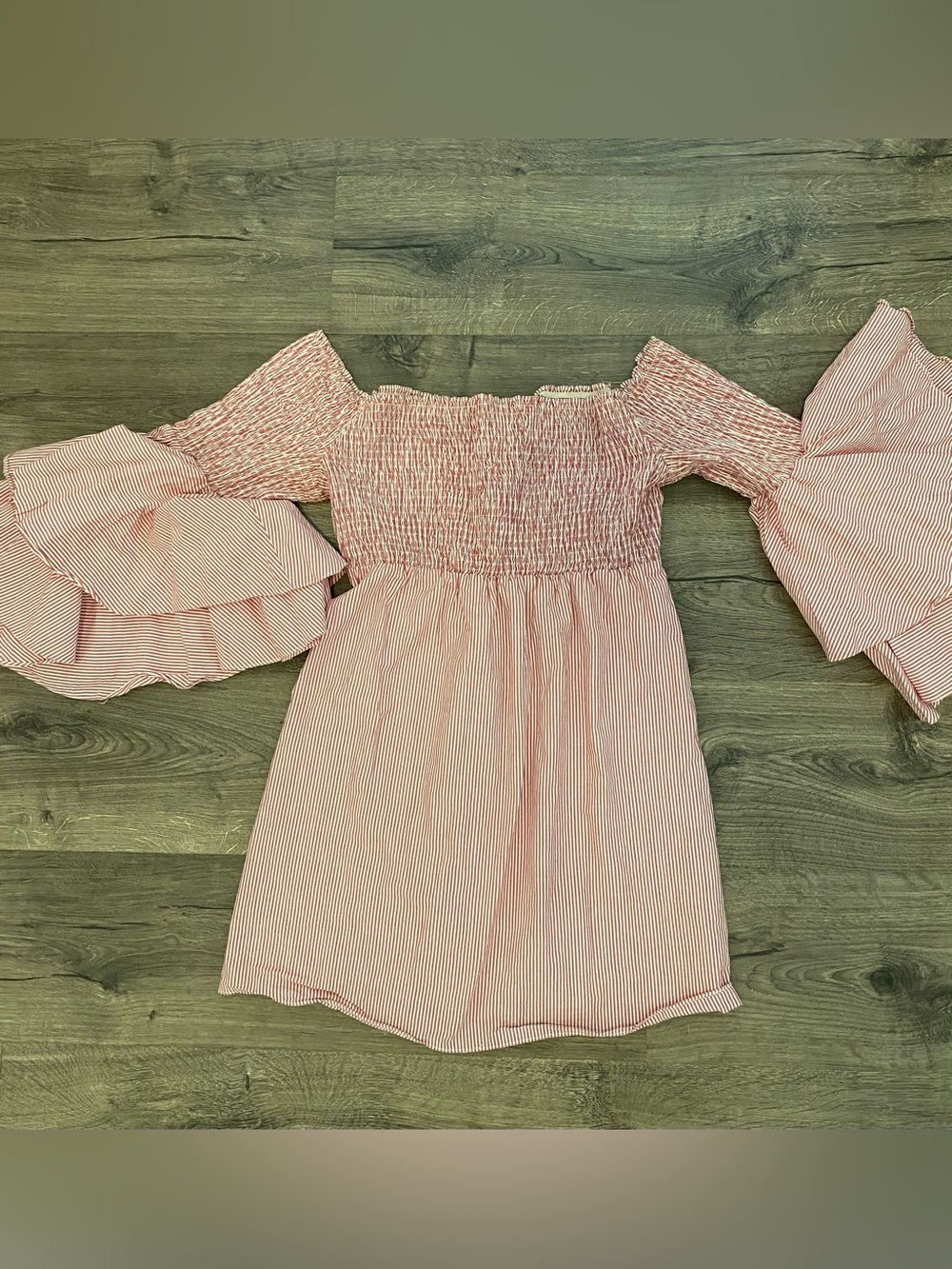 Gianni Bini Pink Striped Smocked Off-Shoulder Mini Dress